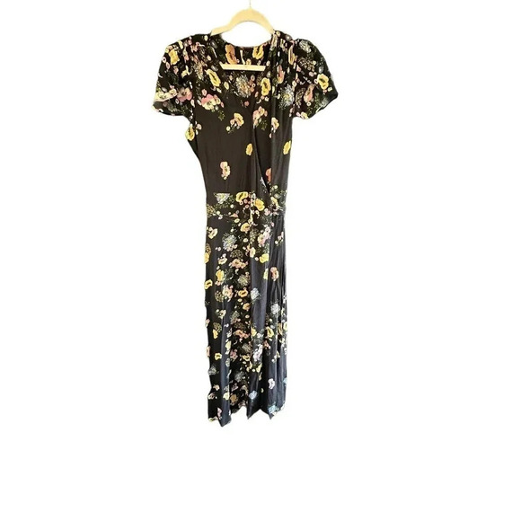 Free People Women Black Floral Print Short Sleeve V-Neck Wrap Maxi Dress Size SP - Picture 2 of 10